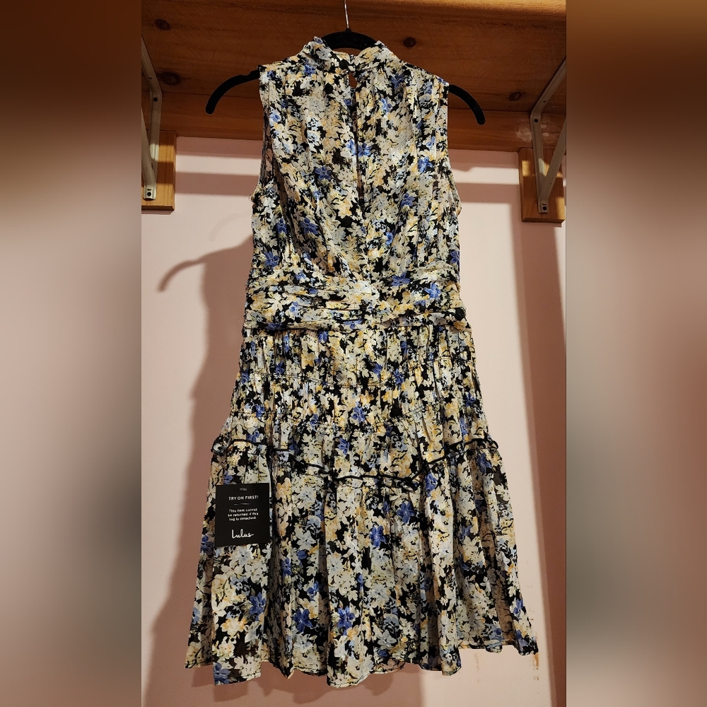 Lulu's Reflecting Radiance Black Floral Tiered Mock Neck Dress Size S